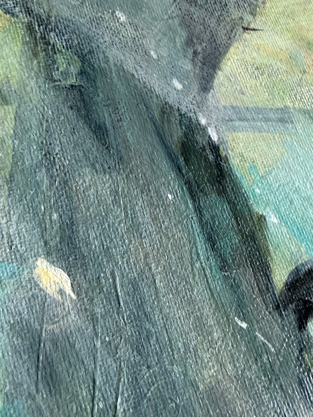 Close-up of an oil painting showing textured brushstrokes in dark green, teal, black, and hints of yellow and white.