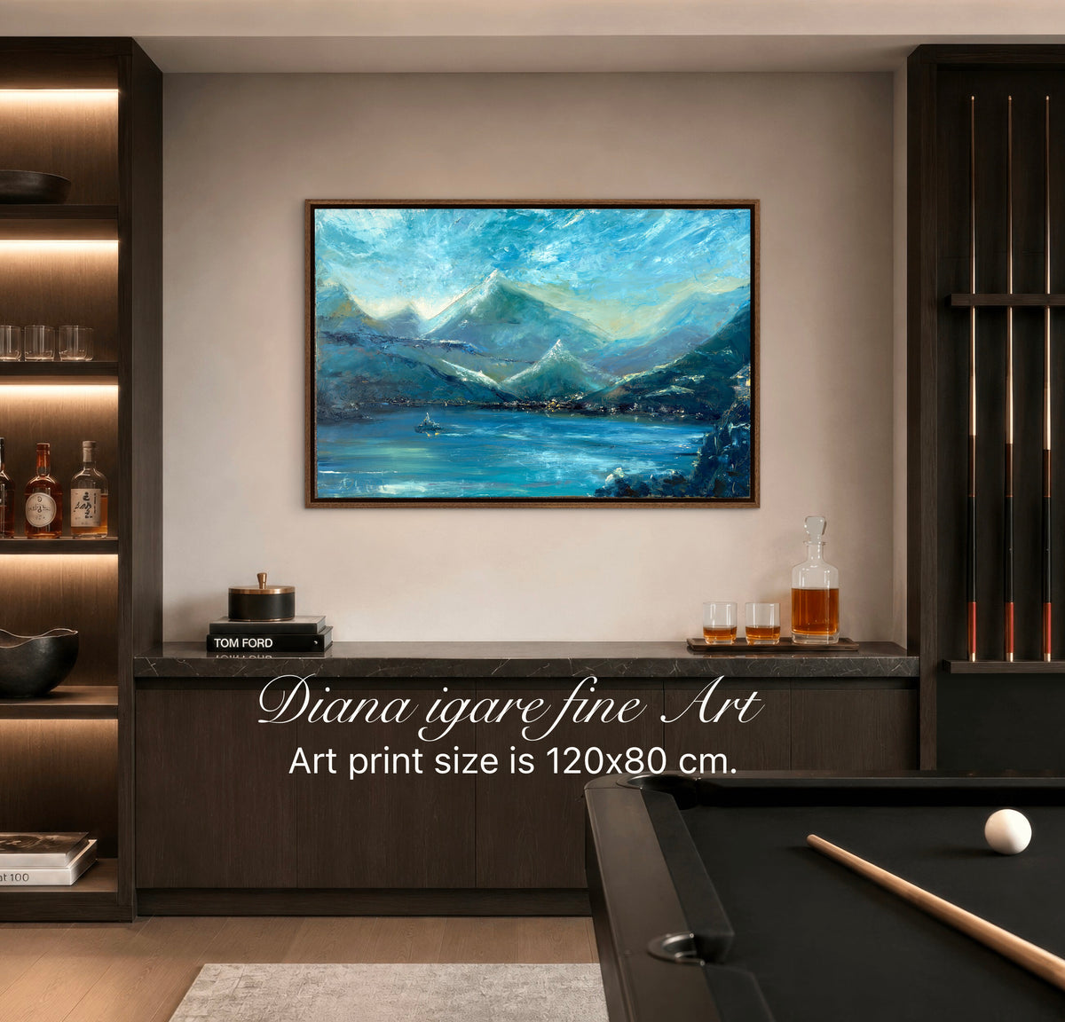 Escape to Como limited edition hand-embellished giclée canvas print by Diana Igare displayed in a contemporary luxury living room overlooking the sea