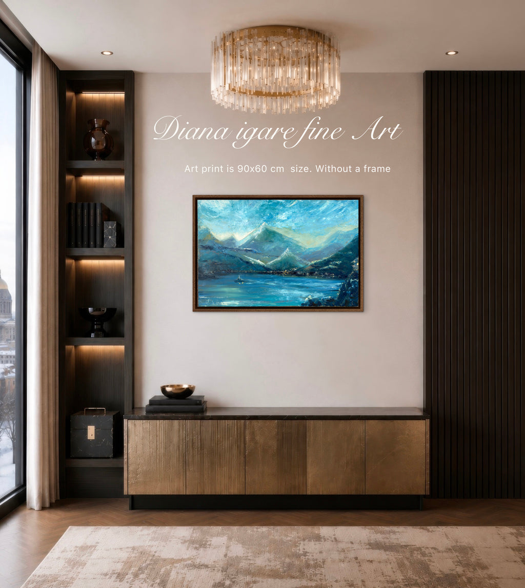 A framed landscape art print depicting blue mountains and a lake, displayed on a beige wall in a modern, stylishly decorated living room. White text on the wall reads 'Diana igare fine Art'.