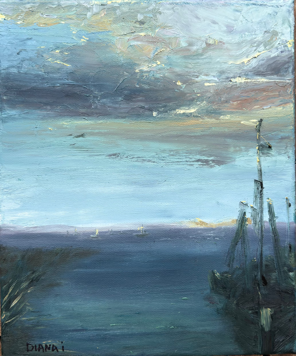 A Date in Kintai No. 3 limited edition canvas print by Diana Igare featuring a tranquil coastal landscape with calm water, soft clouds and harbour posts