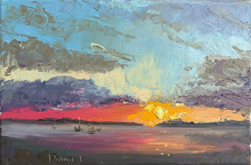 A Date in Kintai No. 4 limited edition canvas print by Diana Igare featuring a dramatic sunset over the Curonian Lagoon with small boats on calm water