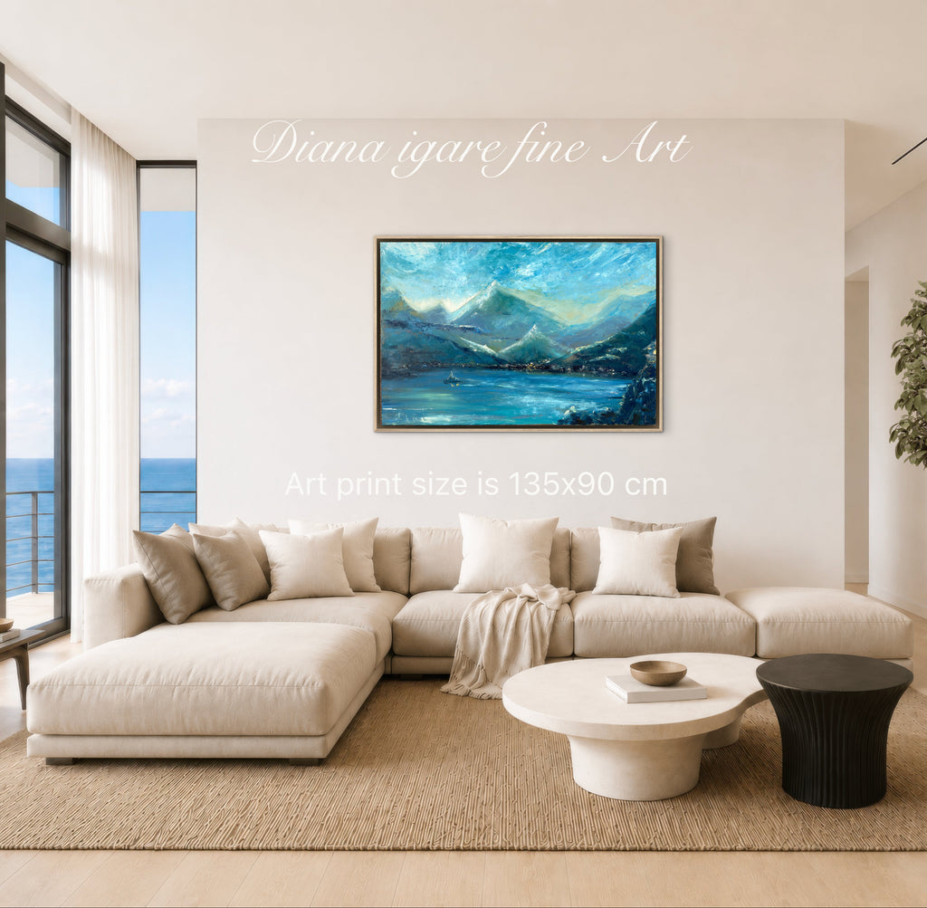 Escape to Como limited edition hand-embellished giclée canvas print by Diana Igare displayed in a contemporary luxury living room overlooking the sea