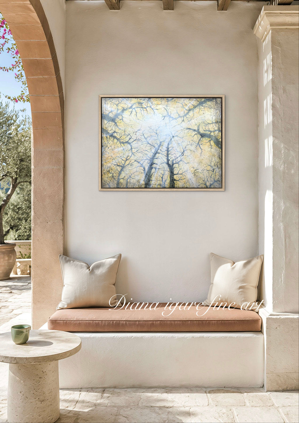 Forest Light forest canopy artwork by Diana Igare shown in a modern living space