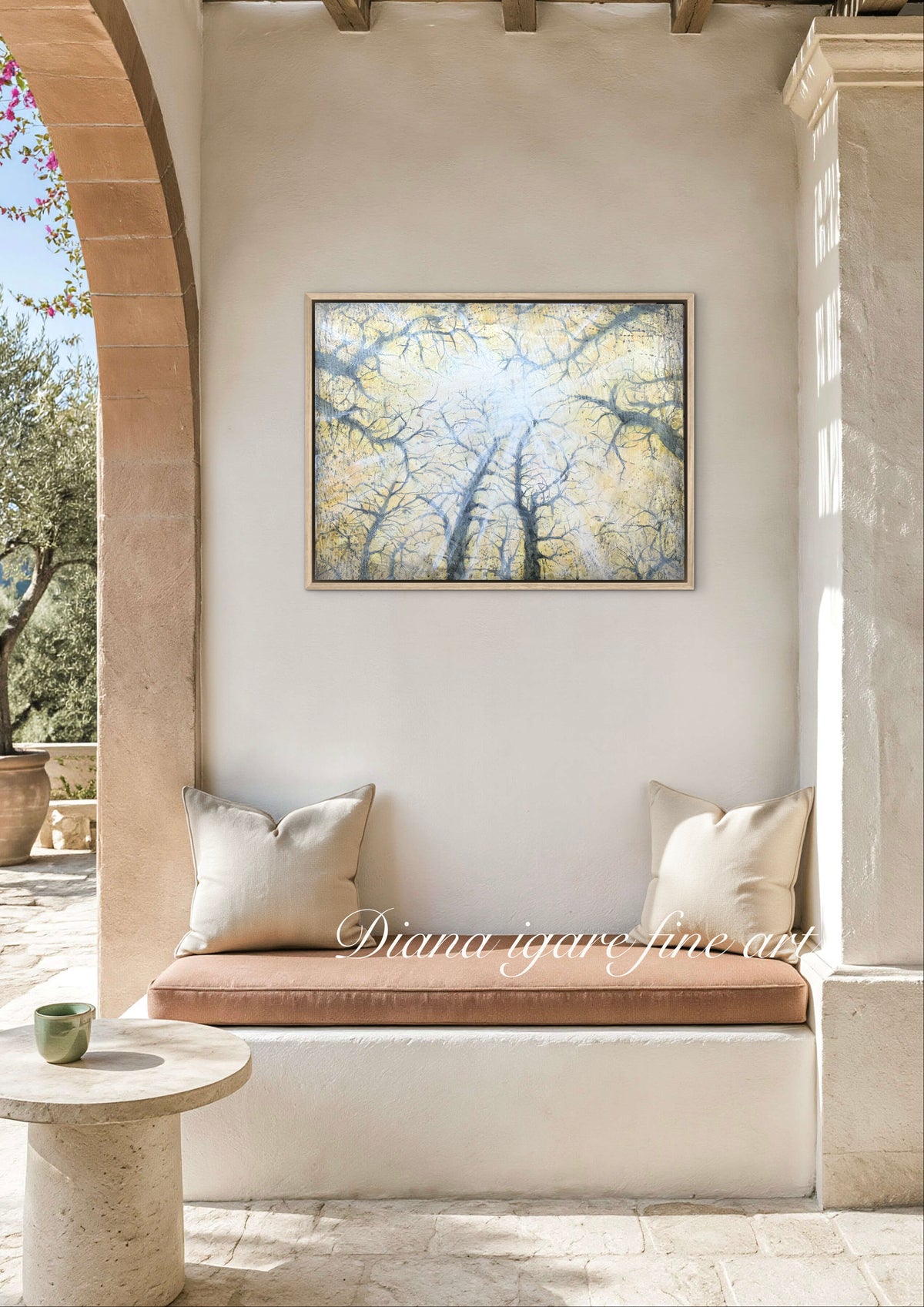 Forest Light forest canopy artwork by Diana Igare shown in a modern living space